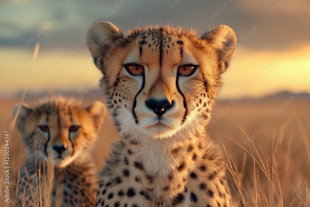 Cheetah Cub with Intense Gaze: A Captivating Wildlife Portrait in the Golden Sunset of the African Savanna Cheetah Cub with Intense Gaze: A Captivating Wildlife Portrait in the Golden Sunset of the African Savanna