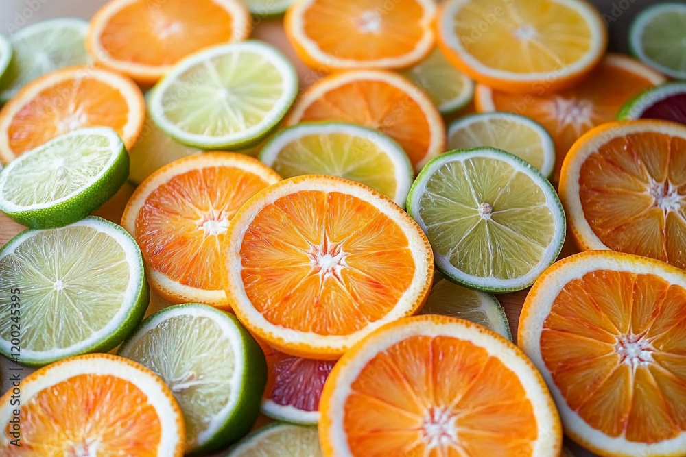 Freshly sliced oranges and limes arranged in a vibrant display for a summer event or meal preparation Freshly sliced oranges and limes arranged in a vibrant display for a summer event or meal preparation