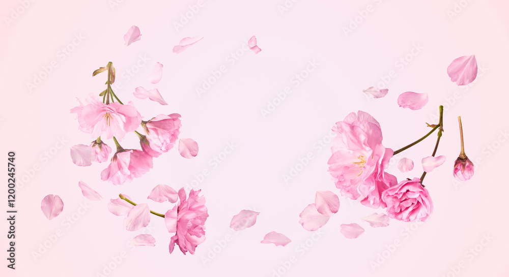 Obraz premium Beautiful blooming of delicate pink Sakura flowers falling in the air, isolated on pink background. Zero gravity or levitation spring flowers conception, high resolution image