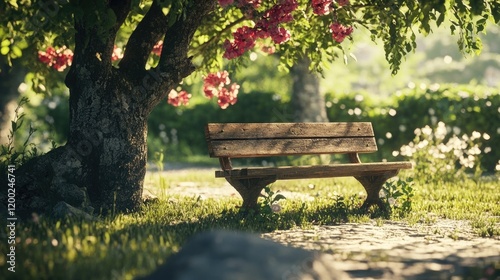 A rustic wooden bench placed under a flowering tree, surrounded by gentle breezes and soft shadows.