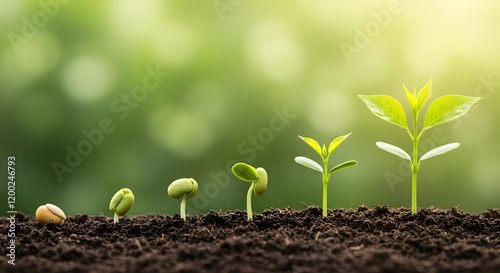 Plant growth stage from seed to sapling symbolizing life cycle and sustainable agricultural practices in green natural background photo