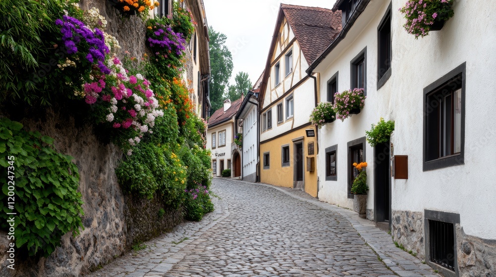 springtime european village, spring vacation in a european village with cobblestone streets and vibrant floral decor awaits, with room for your message springtime european village, spring vacation in a european village with cobblestone streets and vibrant floral decor awaits, with room for your message