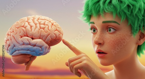 Picking your brain, hand and finger pointing and poking a human brain, think, thinking, thought concept