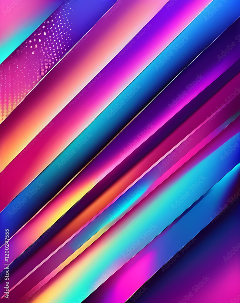 Fototapeta premium 斜めに交差する鮮やかな色の帯で構成された抽象的なイラスト。紫、青、ピンク、オレンジのグラデーションが使用され、一部には深みと視覚的な興味を与えるドット状のテクスチャが施されています。