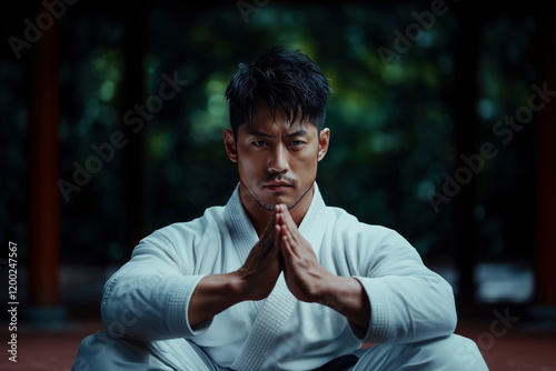 Karate Master in Meditative Pose: A portrait of a focused karate athlete in a white uniform, demonstrating a meditative pose, embodying discipline and respect for the martial art. photo