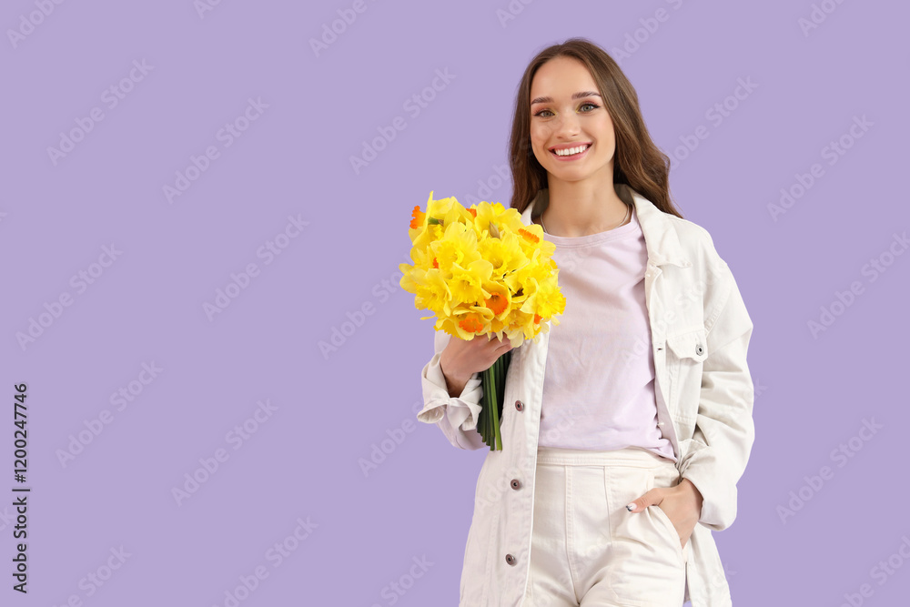 Beautiful young woman with daffodils on lilac background