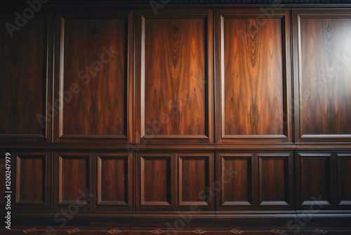 Classic Dark Wood Paneling with Rich Mahogany Finish, Traditional Interior Wall Design with Decorative Molding Pattern