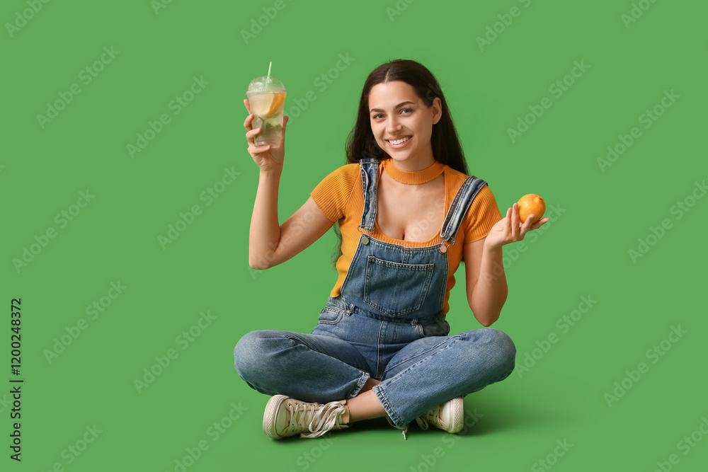 Beautiful young happy woman with lemon and cup of fresh lemonade sitting on green background Beautiful young happy woman with lemon and cup of fresh lemonade sitting on green background