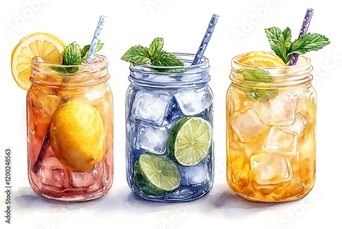 Refreshing Watercolor Illustrations of Iced Drinks in Mason Jars