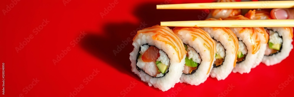 Female hand delicately holding Philadelphia sushi roll with bamboo chopsticks on vibrant red background, showcasing traditional Japanese cuisine, Philadelphia roll, appetizing