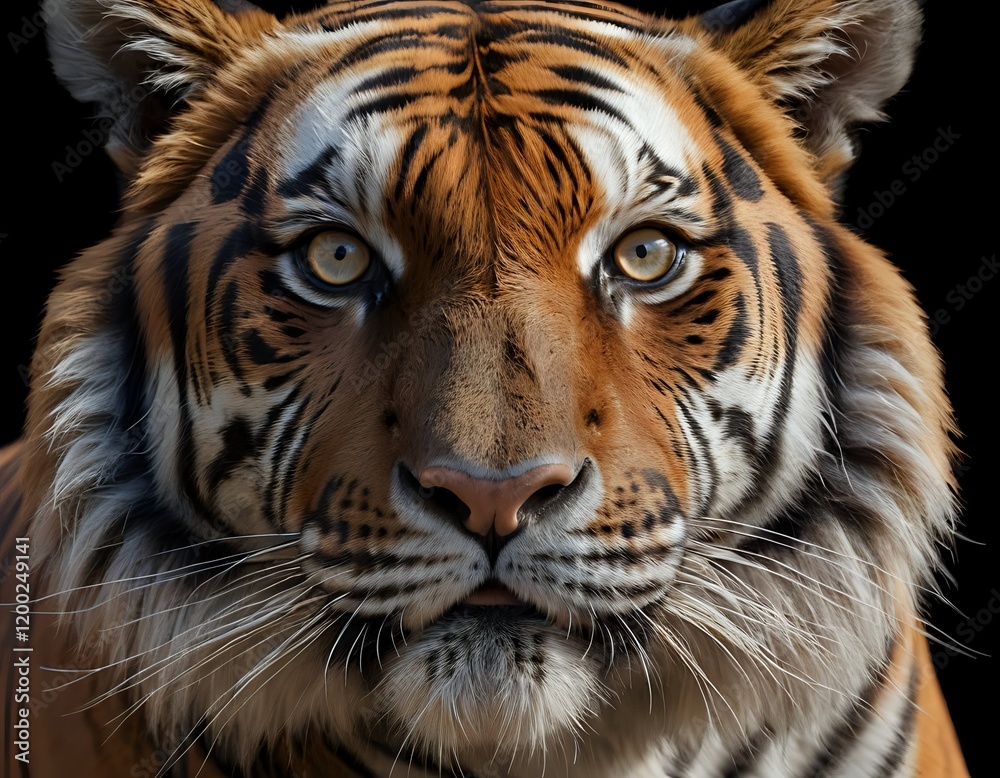 Fototapeta premium Majestic Tiger Portrait: Intense Gaze, Striking Stripes, Dramatic Lighting