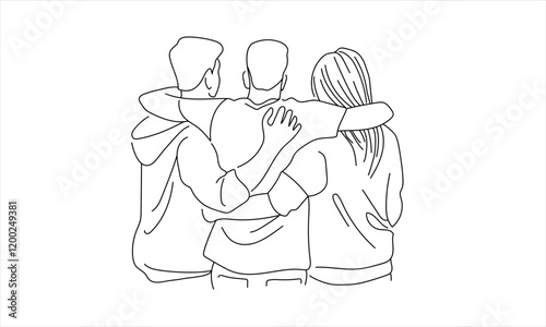 3 friends hugging continuous line art drawing isolated on white background. 3 people in the back. Vector illustration	