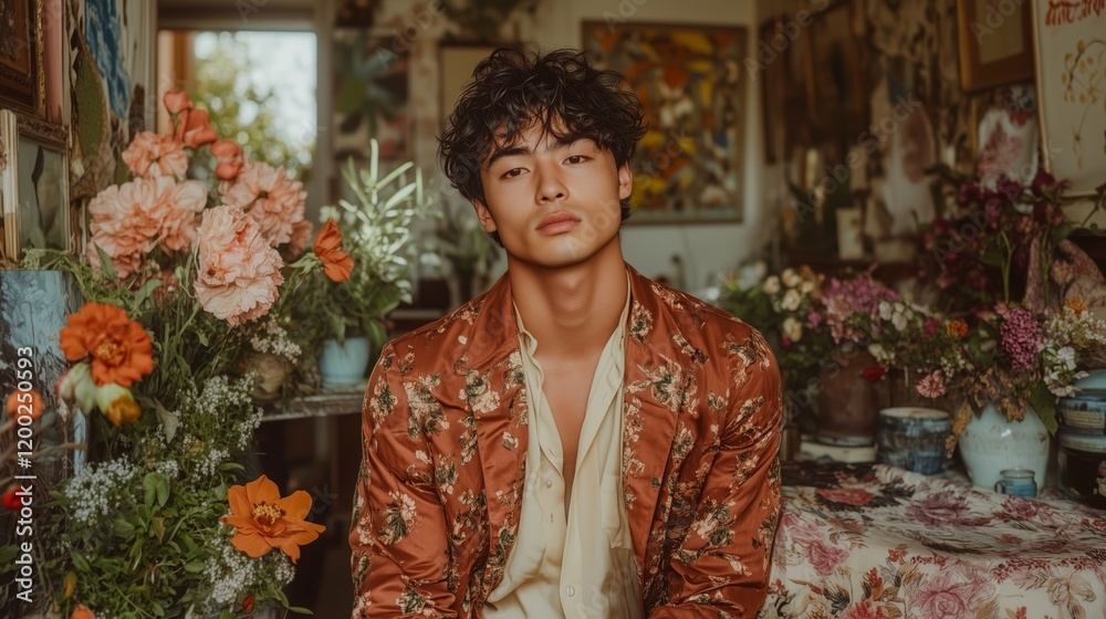 Floral elegance: young man in patterned jacket surrounded by vibrant blooms Floral elegance: young man in patterned jacket surrounded by vibrant blooms