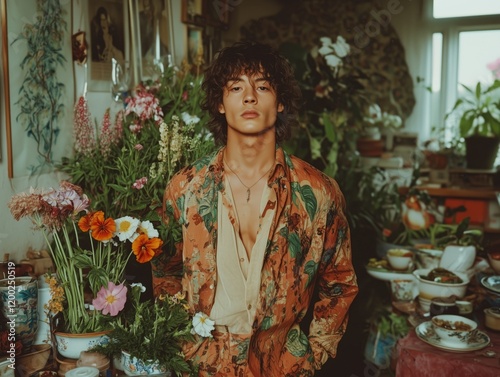 Young man in bohemian themed room surrounded by vibrant plants and floral patterns photo