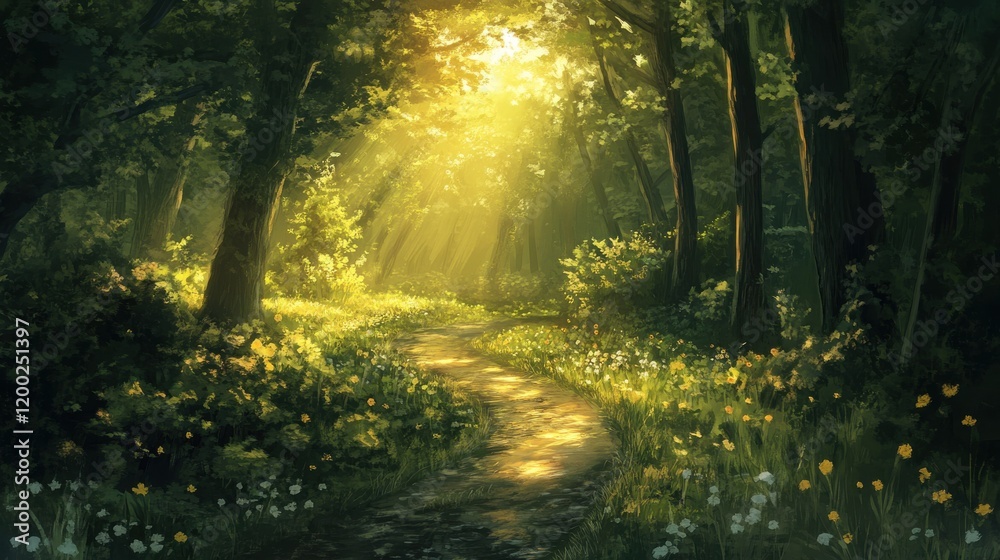 Sunlit Path Through a Lush Forest Sunlit Path Through a Lush Forest