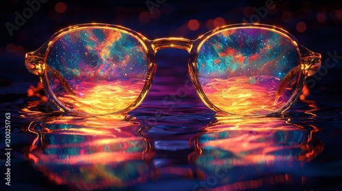 Metaphysical mirage with surreal glasses, illusory water forms, dreamlike landscapes, and ethereal tones. Illustration