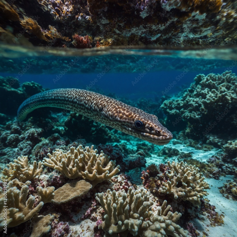 Fototapeta premium Leopard catshark in the coral seaascape of False Bay, Cape Town, South Africa. A colorful exotic fish swimming in the ocean. A mysterious eel fish
