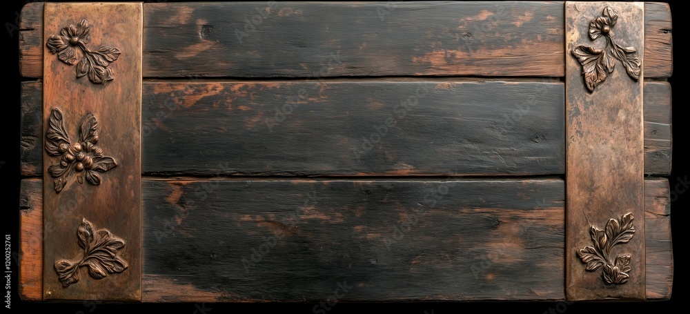 Fototapeta premium Rustic wood plank background with metal floral accents for design projects