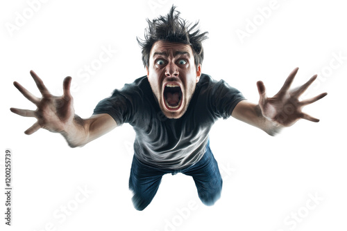 Person screaming with outstretched arms on a transparent background captured in a dramatic moment of emotion and energy photo