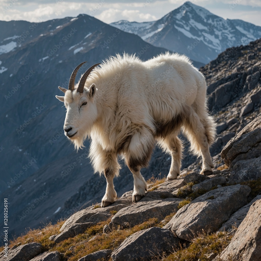 A mountain goat perched on a precarious rocky ledge with a sweeping valley below.A mountain goat navigating rocky terrain in a scenic mountainous landscape.
A mountain goat perched on a precarious rocky ledge with a sweeping valley below.A mountain goat navigating rocky terrain in a scenic mountainous landscape.