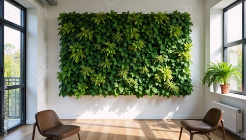 Stunning living wall enhances eco-friendly tranquil workspace in minimalist setting featuring modern furnishings and natural light photo
