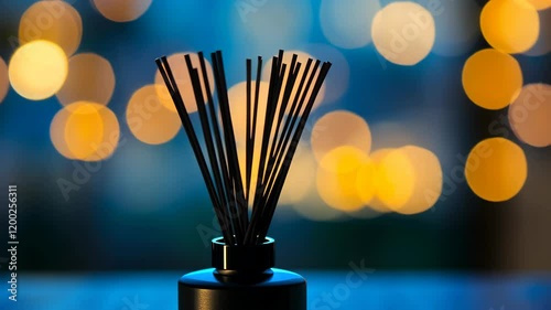 Scented diffuser with reeds set against a soft glowing background in a serene indoor setting