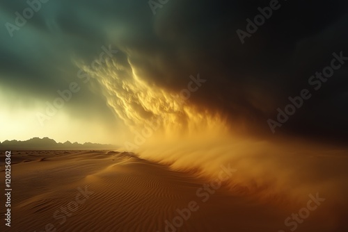 Powerful sandstorm engulfing a desert landscape under a dramatic, dark sky, creating a breathtaking and ominous atmosphere photo