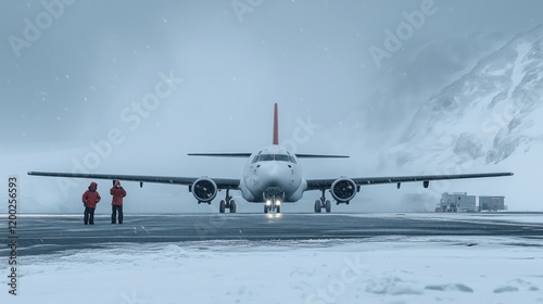 Cargo airplane landing in a snowy antarctic base with ground crew