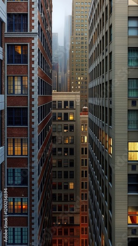 A photorealistic close High Angle Shot, gray brown urbanist buldings next to each other in the midlle of the city of New York, cold day photo