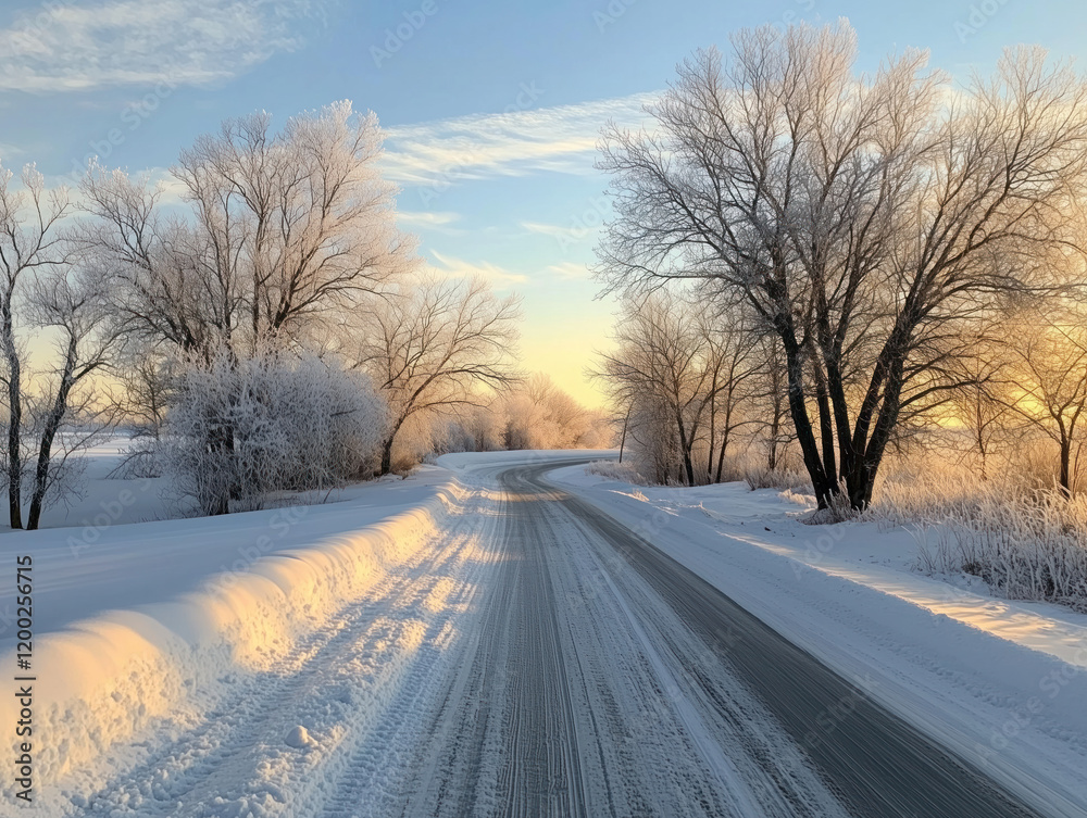 Obraz premium Snowy Road at Sunrise with Frost-Covered Trees and Clear Blue Sky Capturing Winter's Beauty