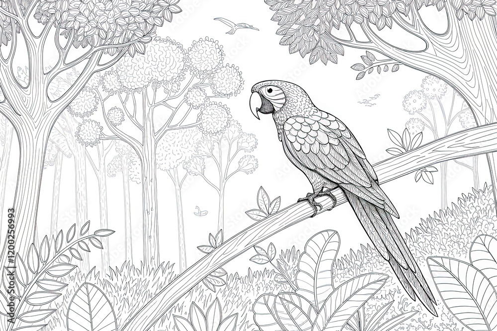 Obraz premium Coloring page for children: a parrot in the forest sits on a tree branch