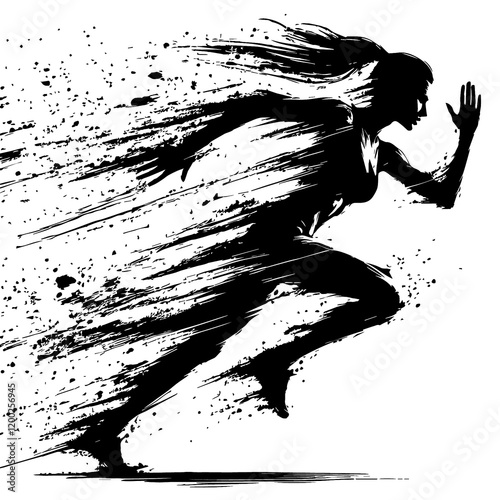 black and white silhouette with splashes of a girl running to the right