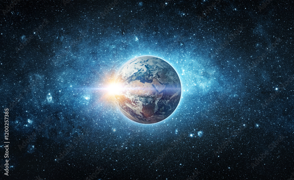 Obraz premium Panoramic view of the Earth, sun, star and galaxy. Sunrise over planet Earth, view from space. Concept on the theme of ecology, environment, Earth Day. Elements of this image furnished by NASA.