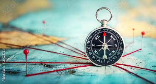 Magnetic compass and location marking with a pin on routes on world map. Adventure, discovery, navigation, communication, logistics, geography, transport and travel theme concept background.. 
