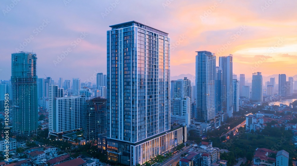 Obraz premium Stunning Aerial View of Modern Skyscrapers at Sunset Urban Cityscape