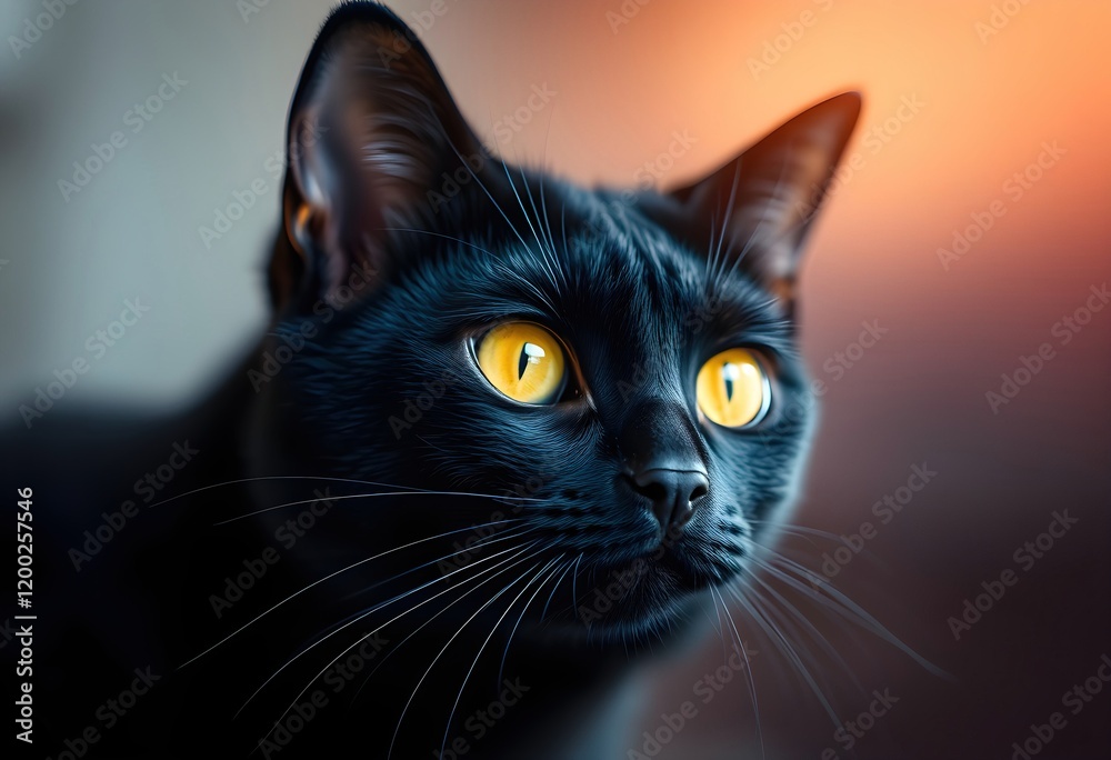 black predatory cat with yellow eyes close-up on a blurred background