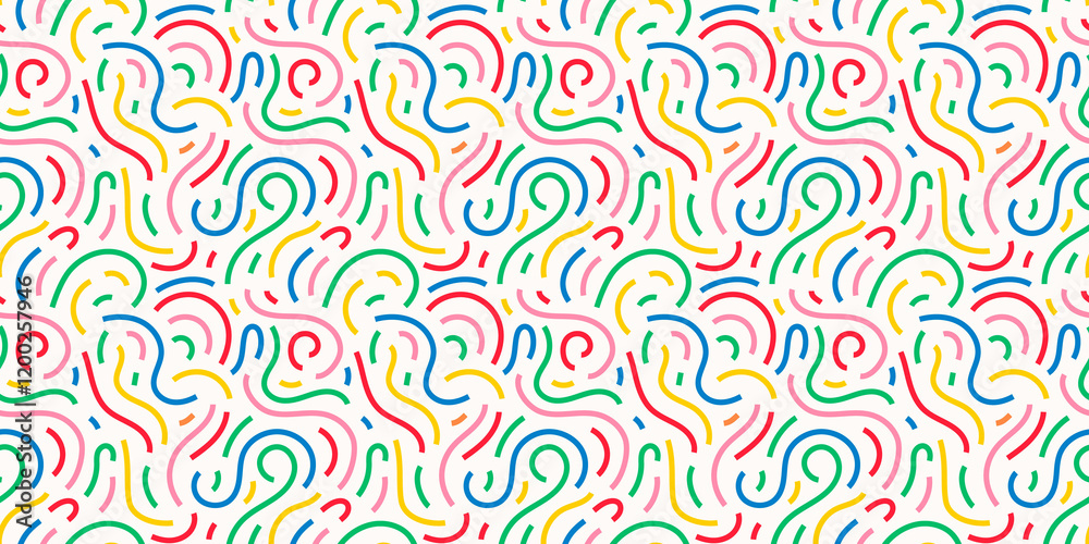 Fun colorful line doodle seamless pattern. Creative abstract squiggle style drawing background for children or trendy design with basic shapes. Simple childish scribble wallpaper print. 