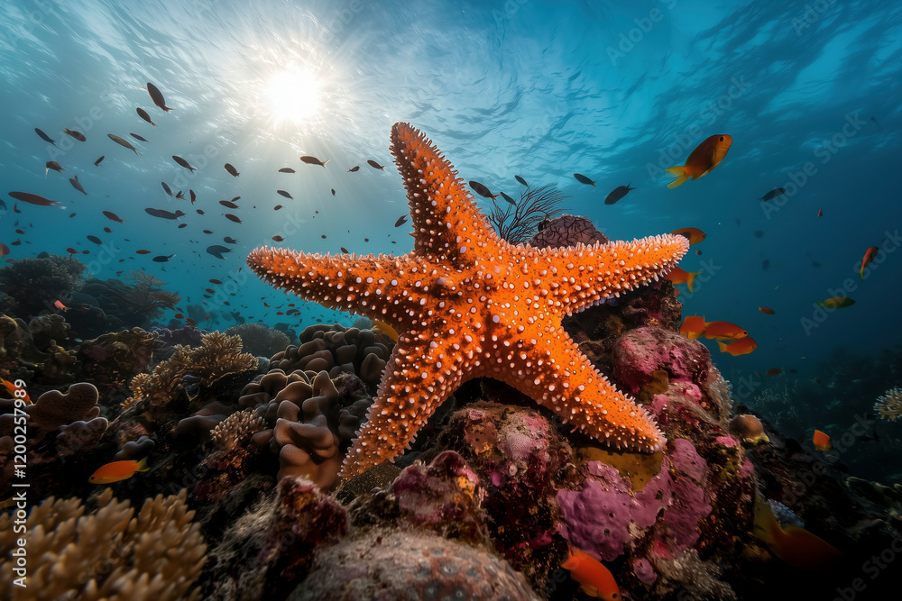 Starfish in Coral Reef: A Vibrant Underwater Scene. Explore the beauty of marine life with this captivating image of a starfish resting on a colorful coral reef. The sun's rays illuminate the scene Starfish in Coral Reef: A Vibrant Underwater Scene. Explore the beauty of marine life with this captivating image of a starfish resting on a colorful coral reef. The sun's rays illuminate the scene