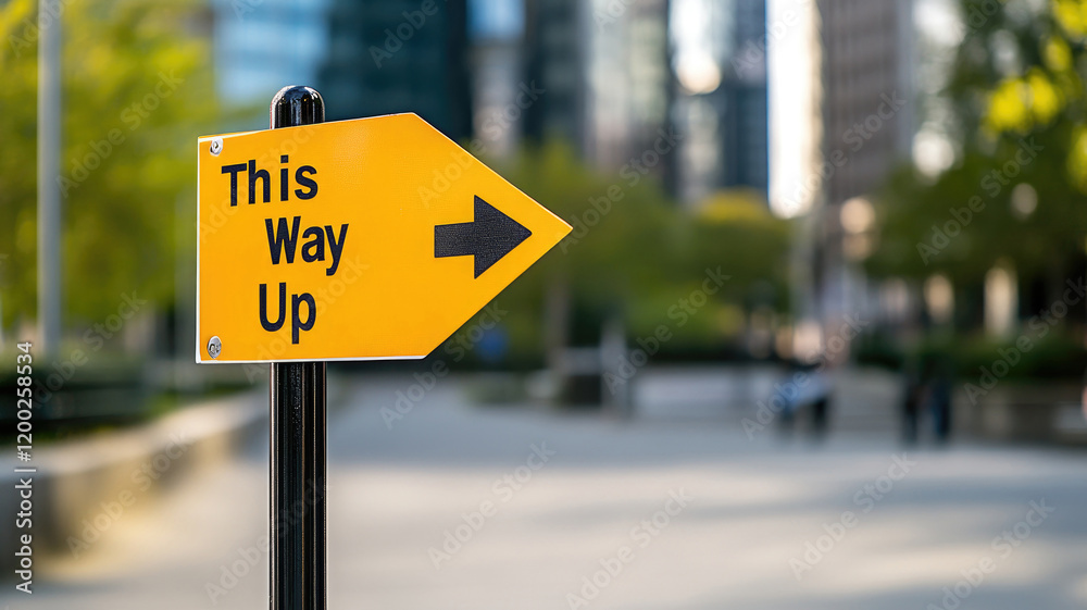 Yellow directional sign pointing way up in cityscape Yellow directional sign pointing way up in cityscape