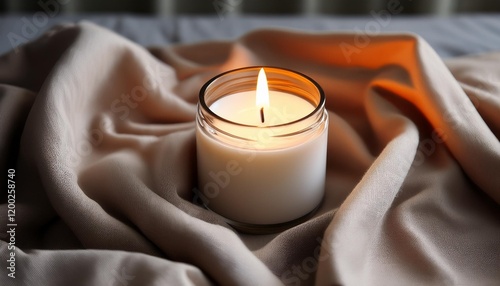 candle mockup candlelights gentle glow on fabric creates a tranquil relaxing ambiance for peace and comfort photo