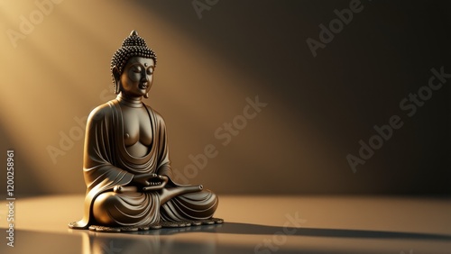 A Buddha sculpture softly illuminated, exuding calmness and kindness, creating a serene atmosphere. photo