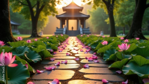 A peaceful stone path to a temple, adorned with soft lotus petals and bathed in golden morning light. photo