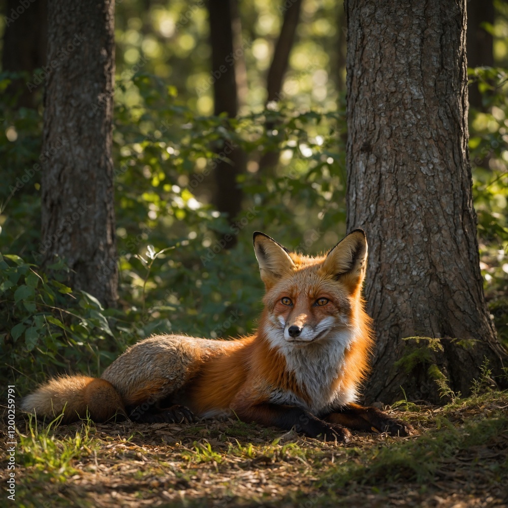 Obraz premium Wild fox stretching and sleeping in natural animal environment outdoors red fox in the woods.A majestic lion standing in a forest clearing, with tall trees surrounding it.