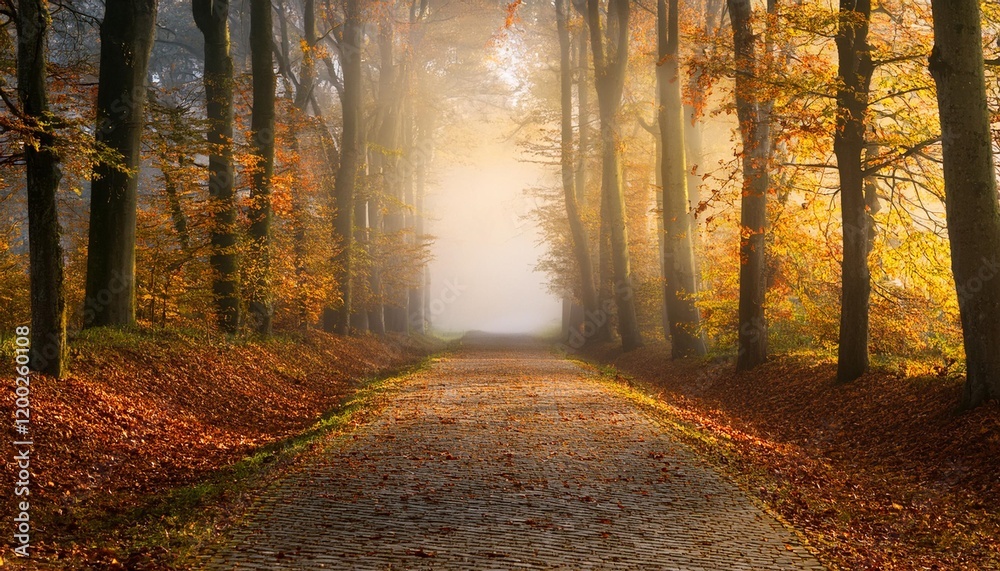 Fototapeta premium panorama with fog on an alley within the autumn forest