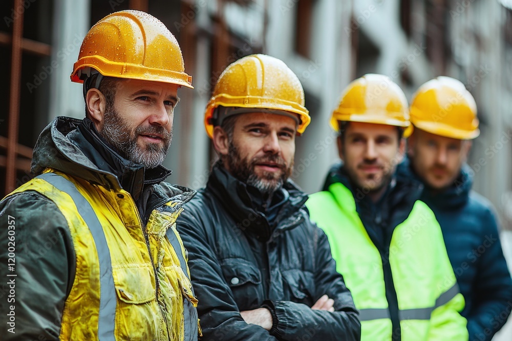 A group of four construction workers discussing in a meeting, depicted in a stock photo A group of four construction workers discussing in a meeting, depicted in a stock photo