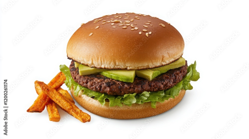 a hearty black bean burger served on a whole-grain bun with avocado, lettuce, tomato a hearty black bean burger served on a whole-grain bun with avocado, lettuce, tomato