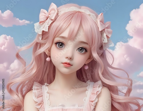 Dreamlike Pink-Haired Doll: Delicate Features and Pastel Accents