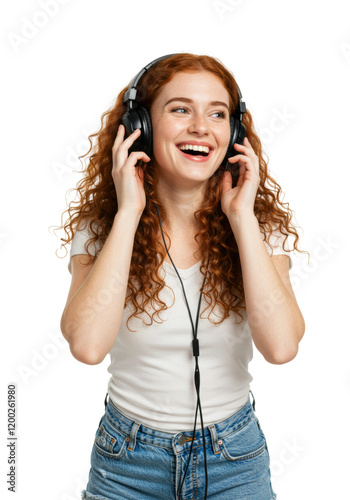 A woman wearing headphones and enjoying music with a joyful smile, isolated on a transparent background PNG