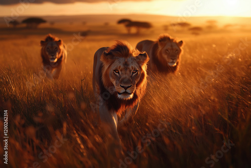 Majestic Lions at Sunset: A Captivating Wildlife Portrait of an African Pride in the Golden Light of the Savanna photo