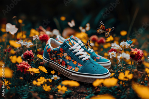 Floral Canvas Sneakers in a Field of Flowers with Butterflies: A Captivating Display of Style and Nature's Beauty photo